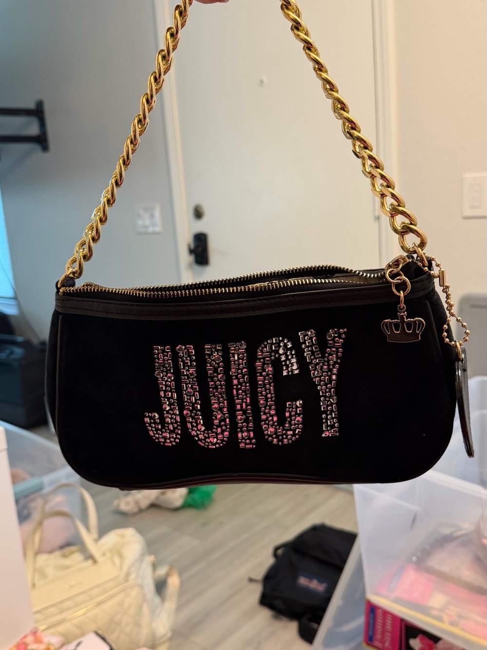 Juicy Couture Black Shoulder Bag with Pink Crystal Logo